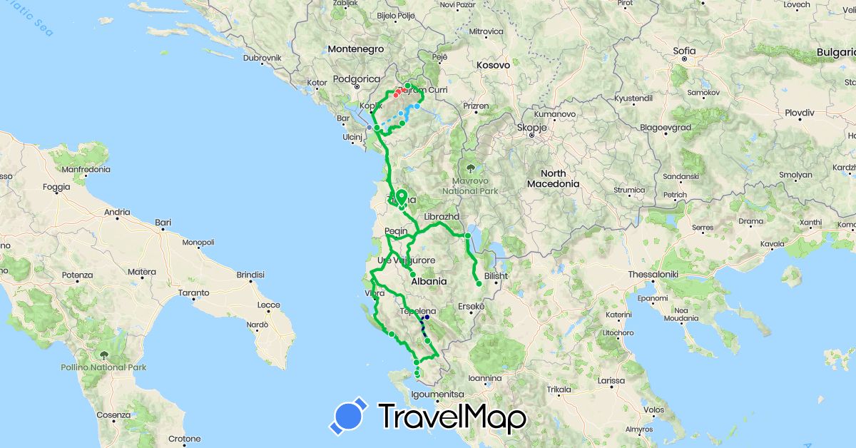 TravelMap itinerary: driving, bus, cycling, hiking, boat, voiture in Albania (Europe)